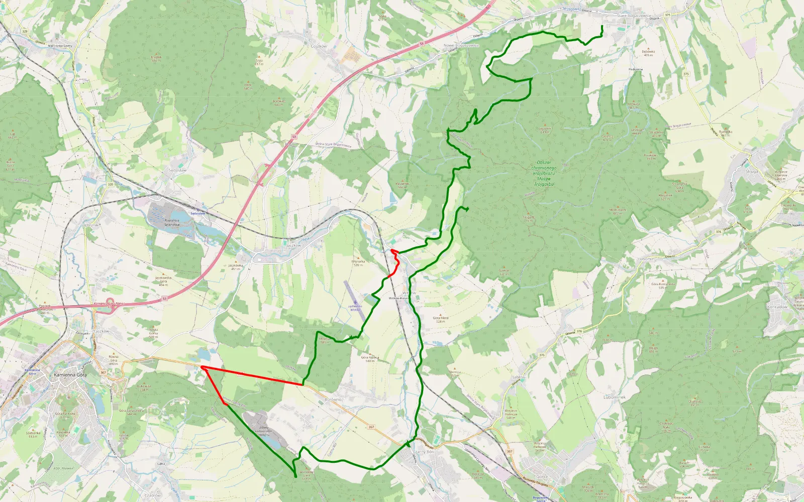 Mapa trasy Stare Bogaczowice - Witków Śląski - 20.6 km trasy offroad, Powiat Wałbrzyski