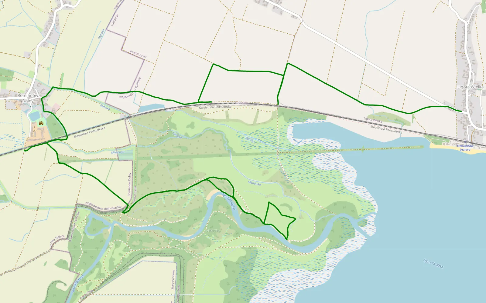 Mapa trasy Okolice jeziora Otmuchowskiego - 13.6 km trasy offroad, Powiat Nyski