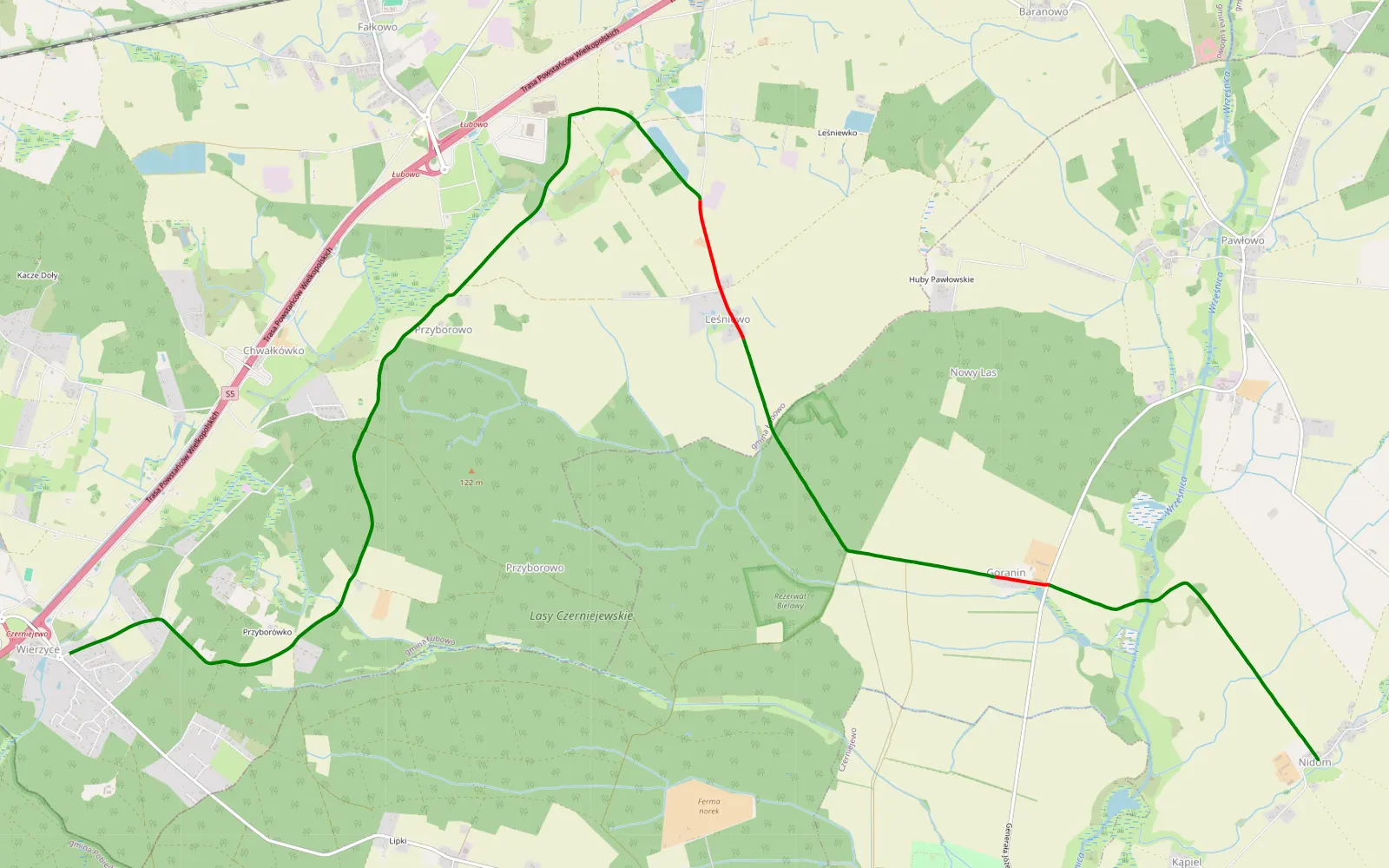 Map of Wiėrzyce - Nidom - 14 km offroad trail, Gniezno County