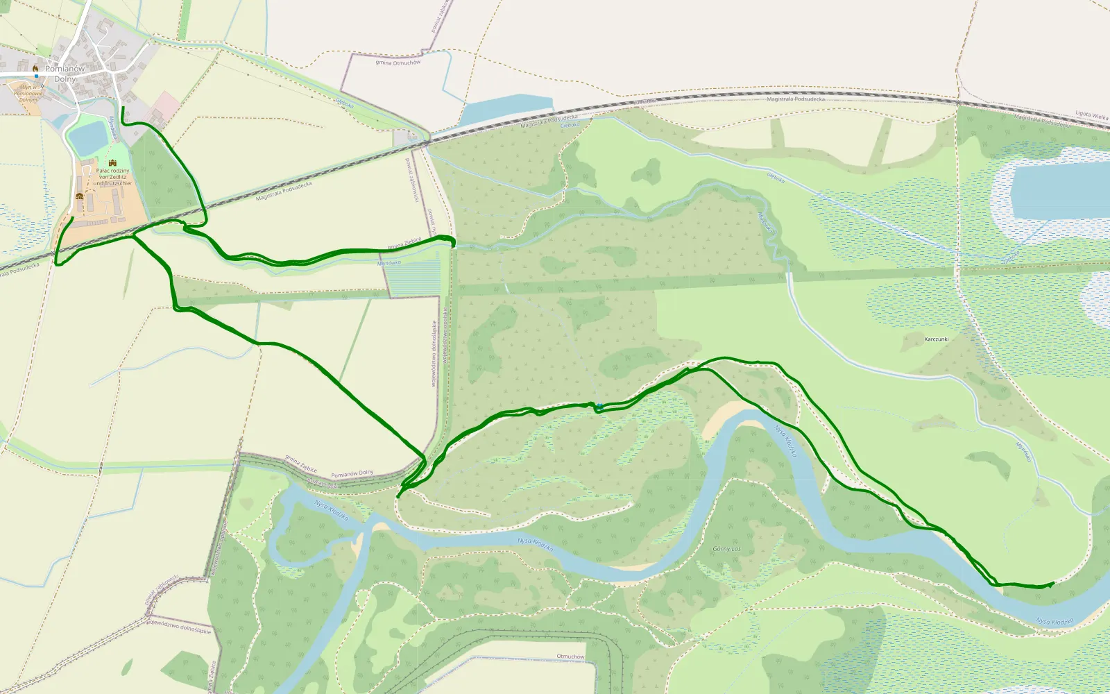 Mapa trasy Pomianów Dolny - 9.7 km trasy offroad, Powiat Nyski