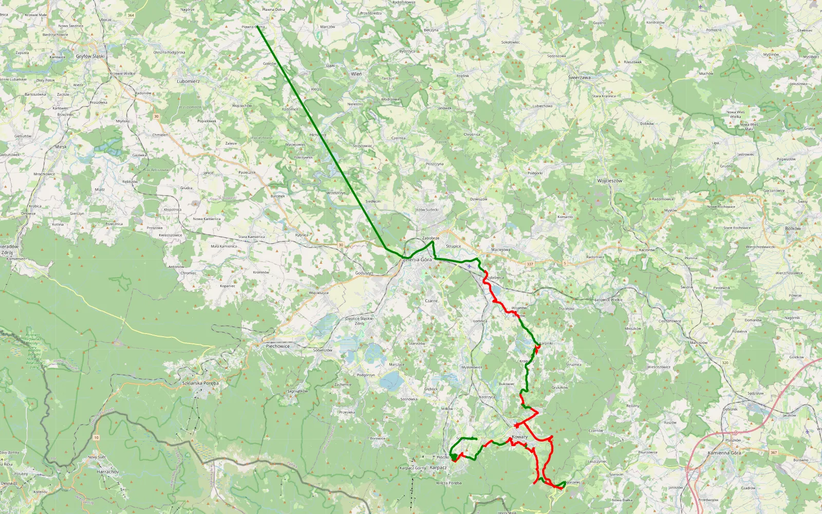 Mapa trasy Pławna - 45.6 km trasy offroad, Powiat Karkonoski