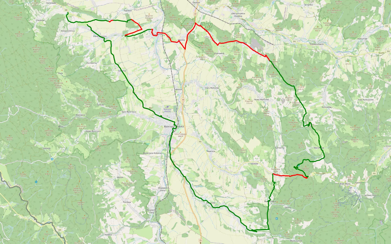 Mapa trasy 4x4 offroad Łomnica Marcinków - 42.9 km trasy offroad, Powiat Kłodzki