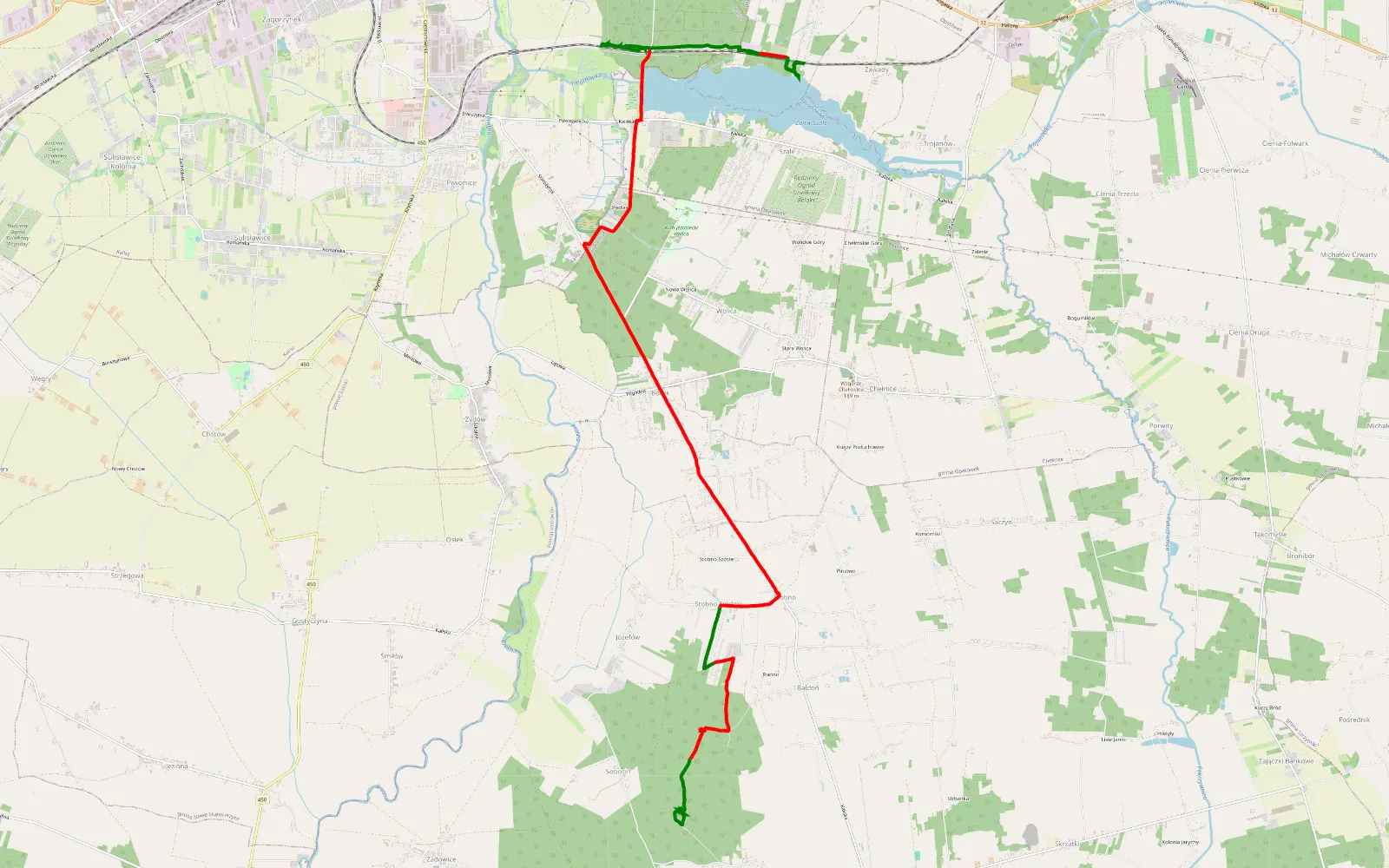 Mapa trasy Szałe - Godziesze Małe - 16.3 km trasy offroad, Powiat Kaliski