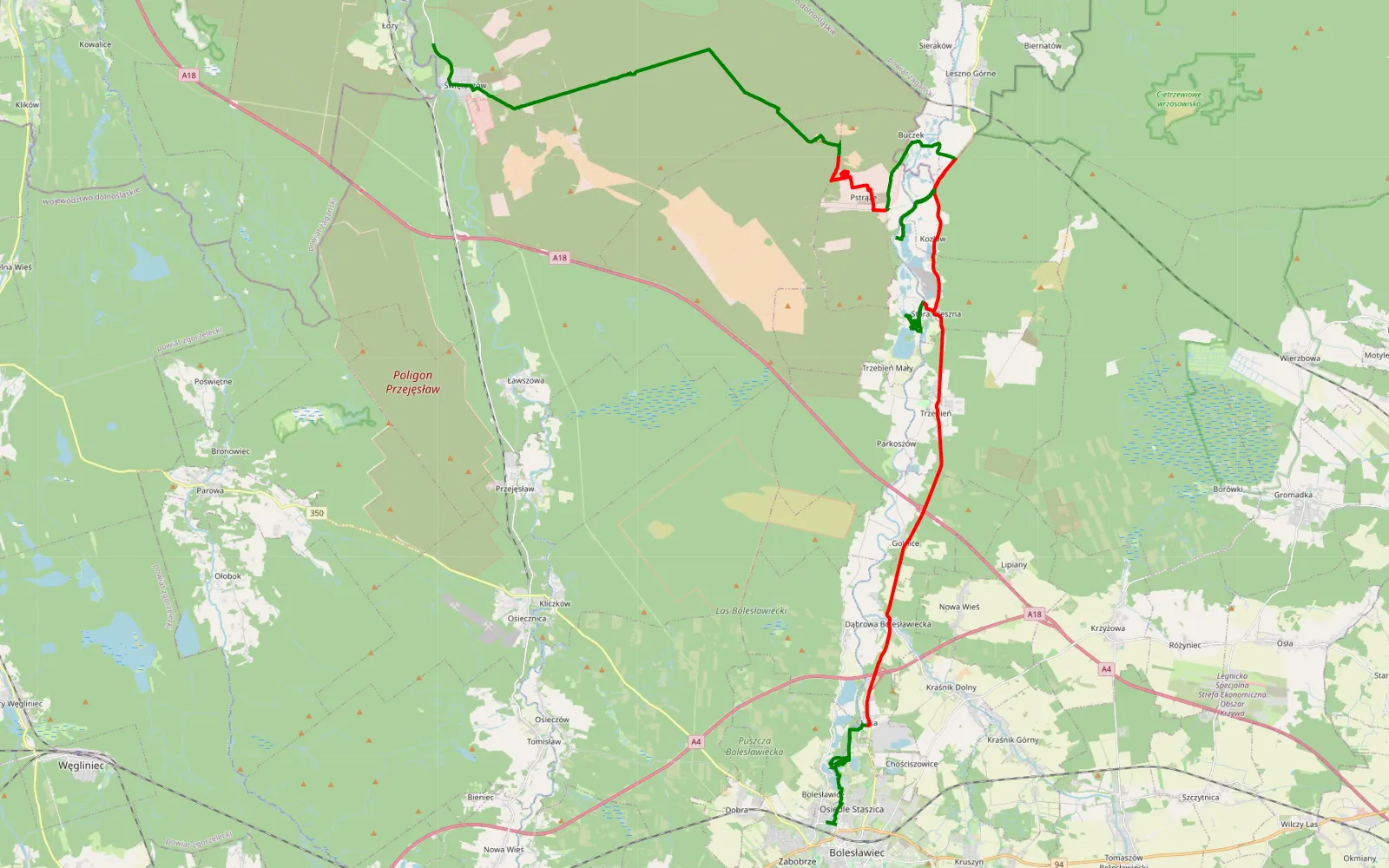 Map of Bolesławice - Lozy - 56.5 km offroad trail, Bolesławiec County