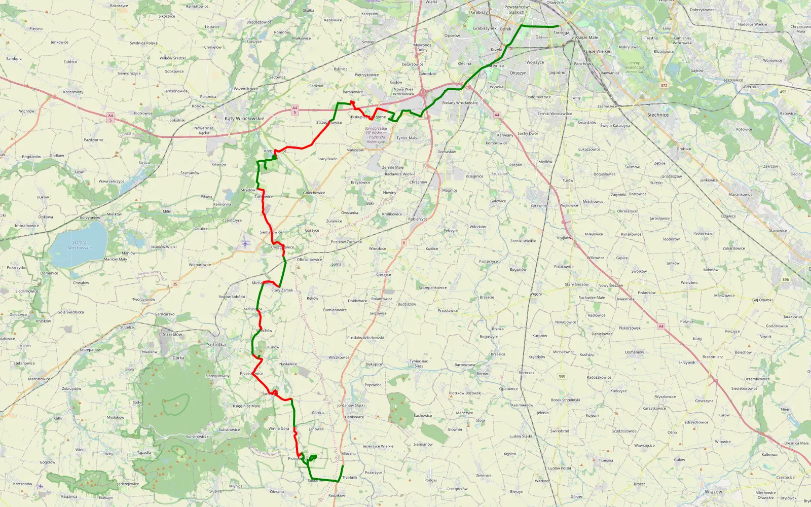 Mapa trasy Tarnogaj - Trzebnik - 46.6 km trasy offroad, Powiat Wrocławski