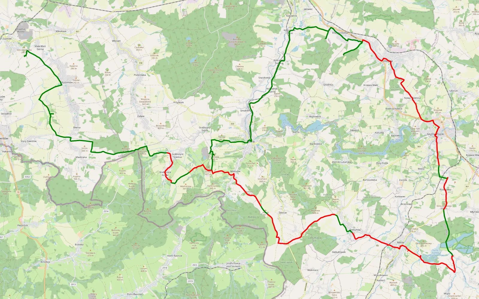Mapa trasy Mała Wieś Górna - Grabiszyce Średnie - 53.6 km trasy offroad, Powiat Lubański