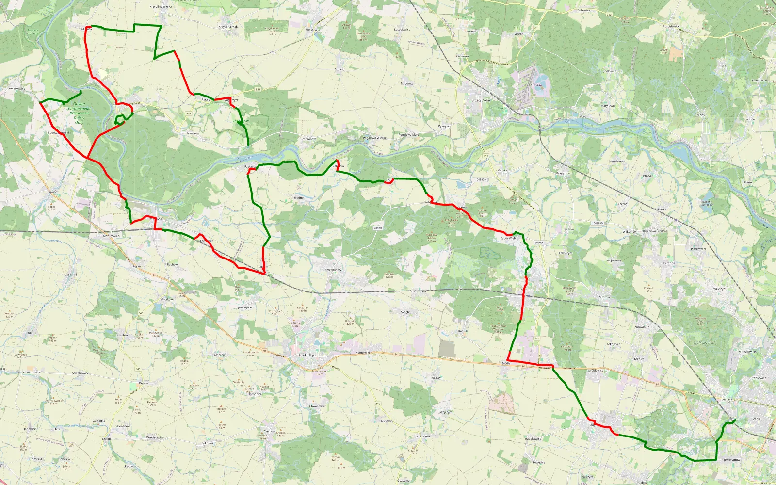 Mapa trasy Złotniki - Rzeczyca - 83.7 km trasy offroad, Powiat Średzki
