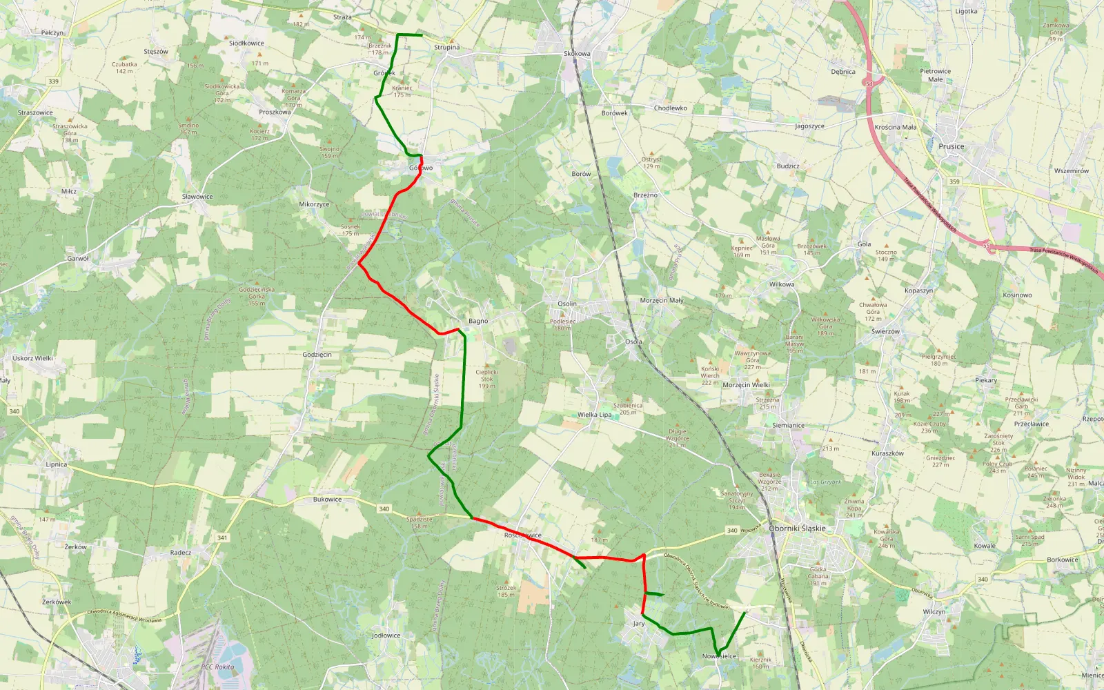 Mapa trasy Strupina - Oborniki Śląskie - 20.6 km trasy offroad, Powiat Trzebnicki