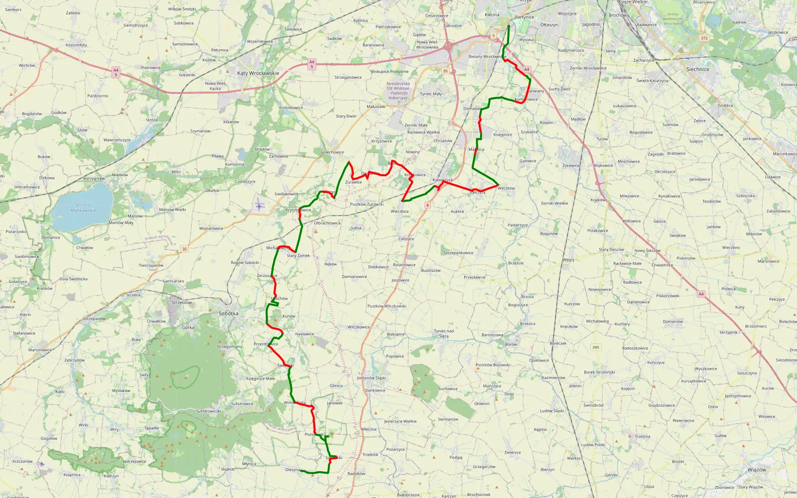 Mapa trasy Klecina - Strachów - 60.3 km trasy offroad, Powiat Wrocławski