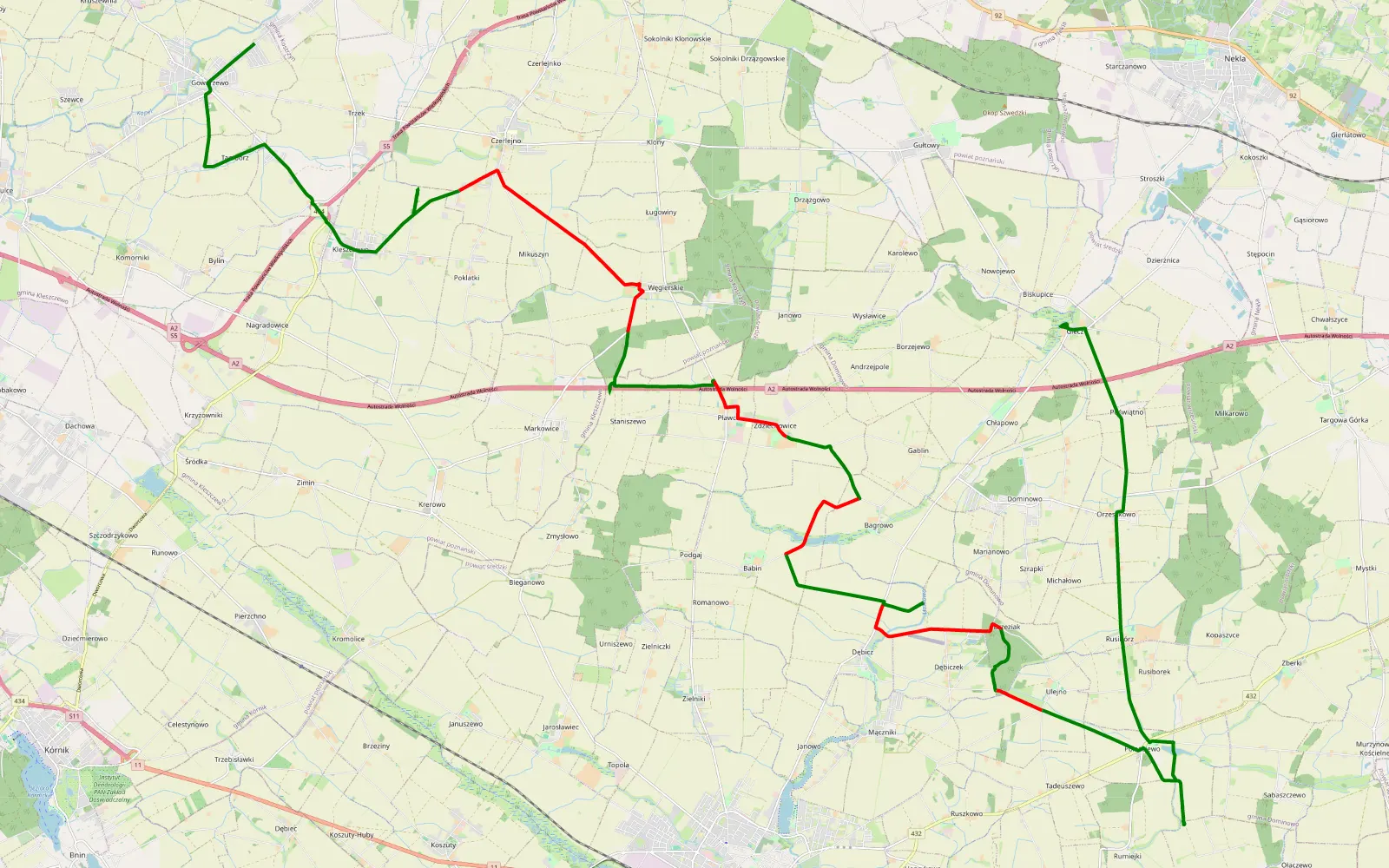 Map of Gowarzewo - Giecz by Miki - 32.6 km offroad trail, Środa Wielkopolska County