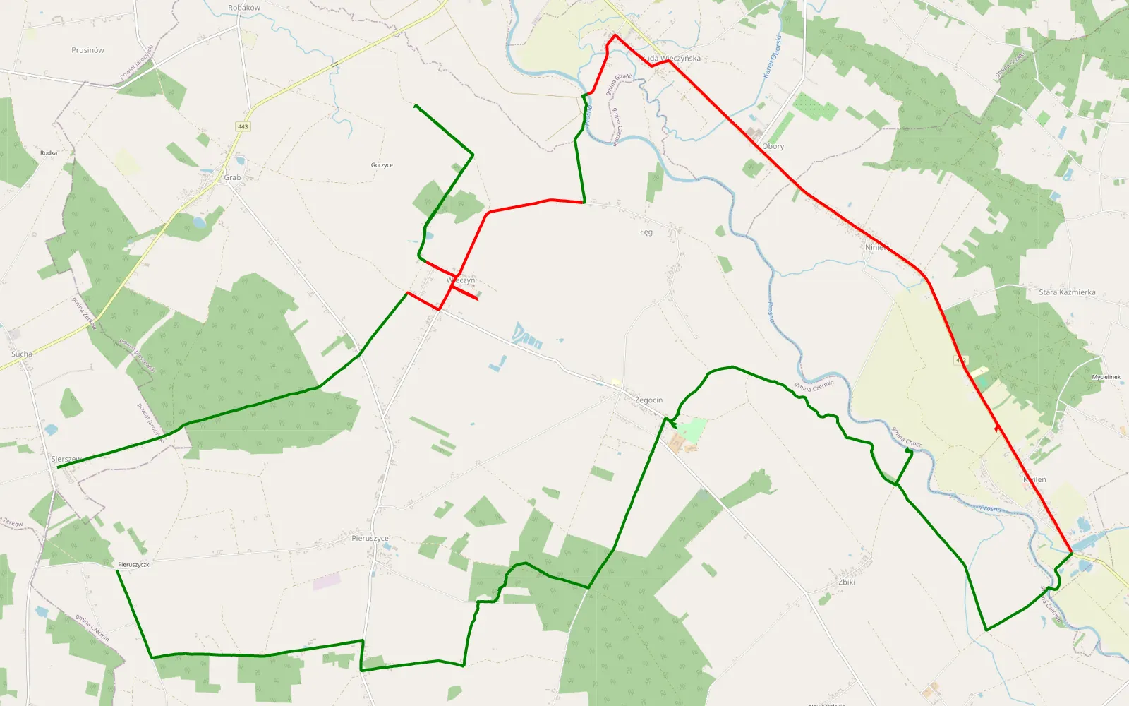 Map of Pieruszyczki - Sierszew - 30.6 km offroad trail, Pleszew County