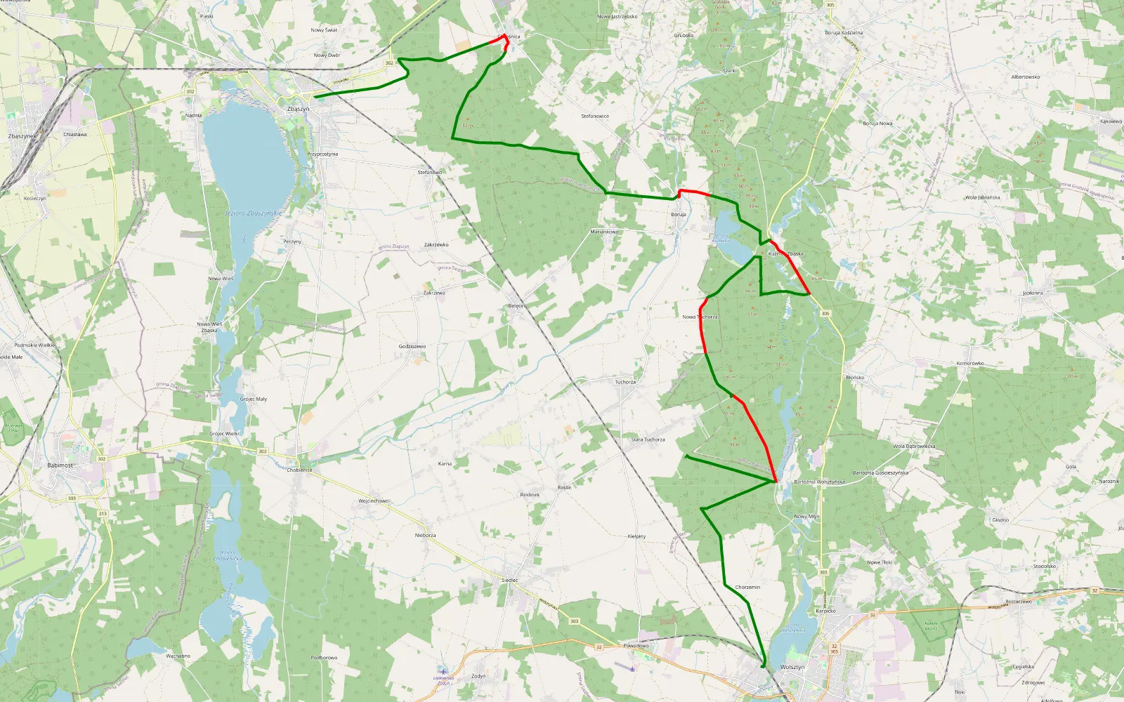 Mapa trasy Zbąszyń - Wolsztyn - 38.4 km trasy offroad, Powiat Wolsztyński