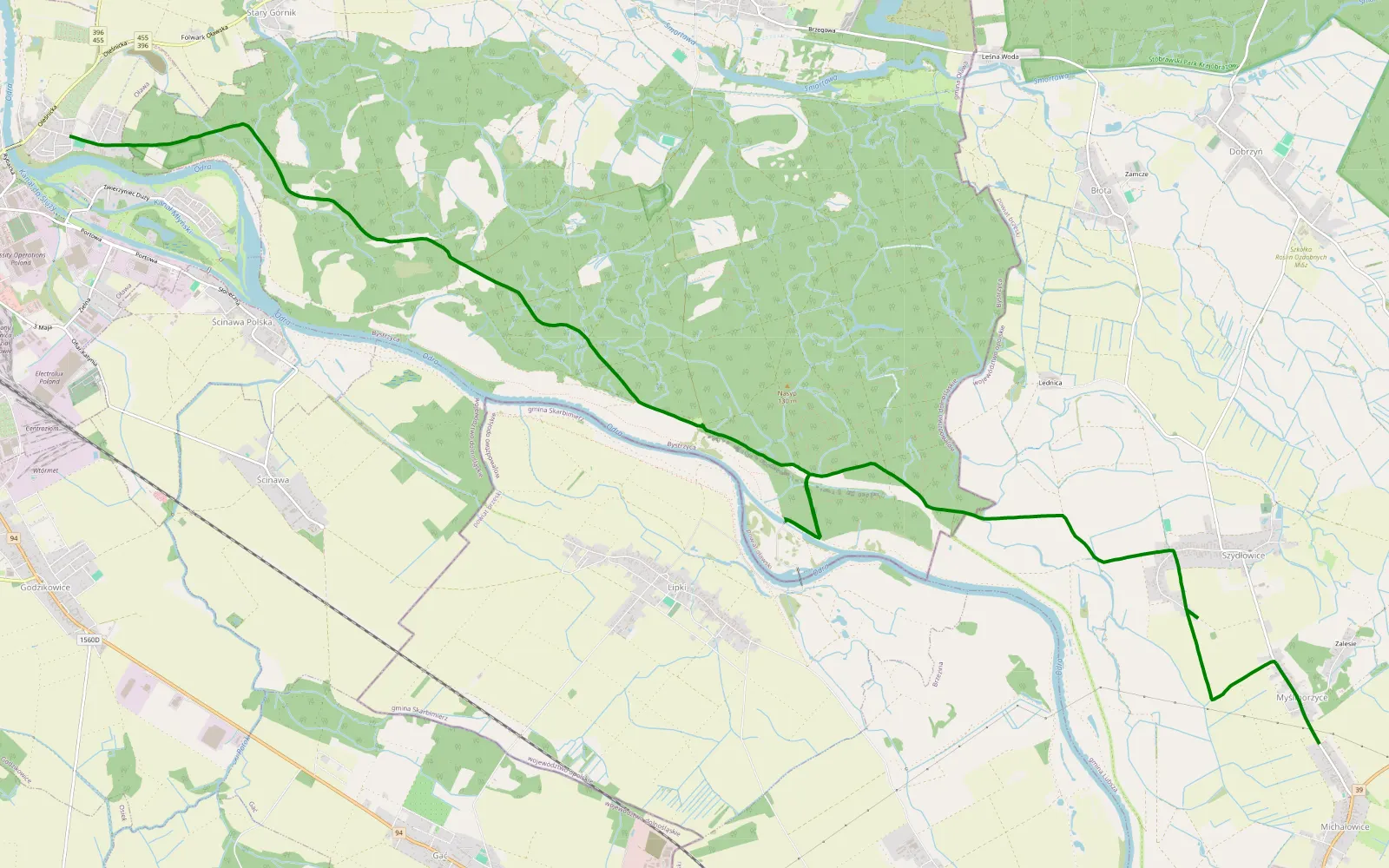 Mapa trasy Oława - Brzeg - 15.6 km trasy offroad, Powiat Oławski