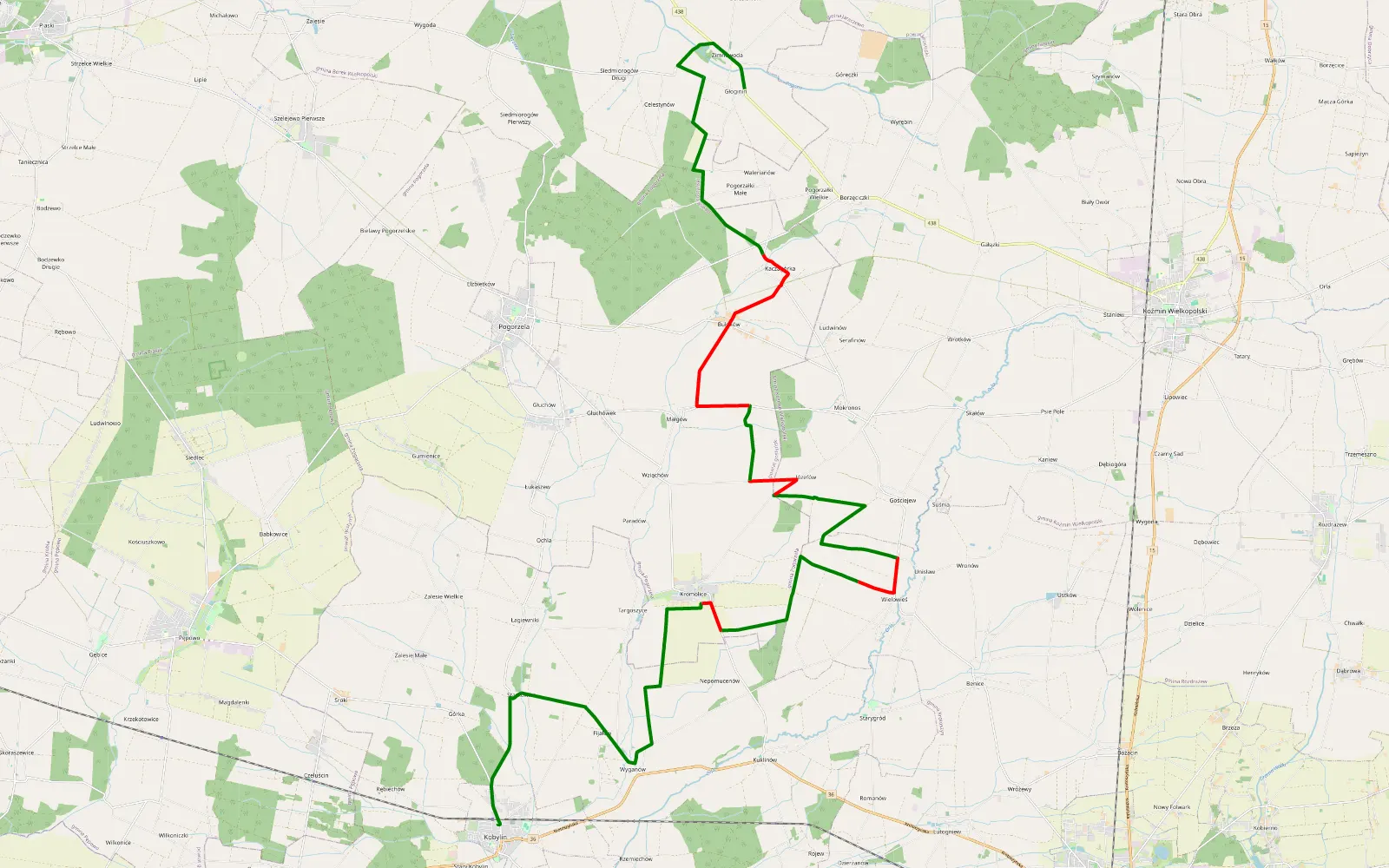 Mapa trasy Kobylin - Głoginin - 29.8 km trasy offroad, Powiat Gostyński