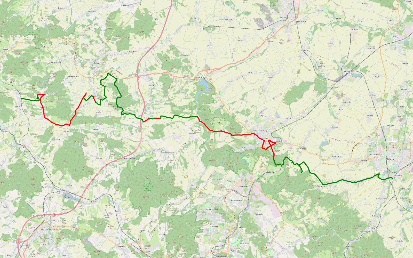 Mapa trasy Kaczorów-Świdnica off road ... - 53.6 km trasy offroad, Powiat Jaworski