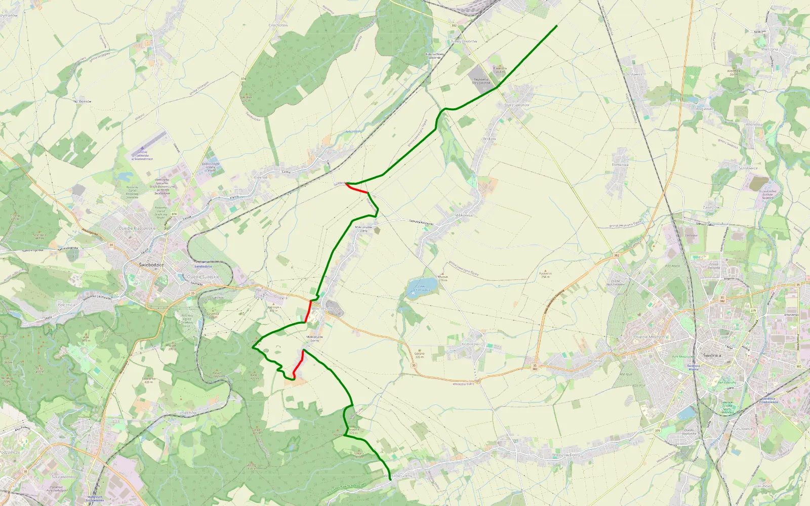 Mapa trasy Witoszów Górny - Jaworzyna Śląska - 17 km trasy offroad, Powiat Świdnicki