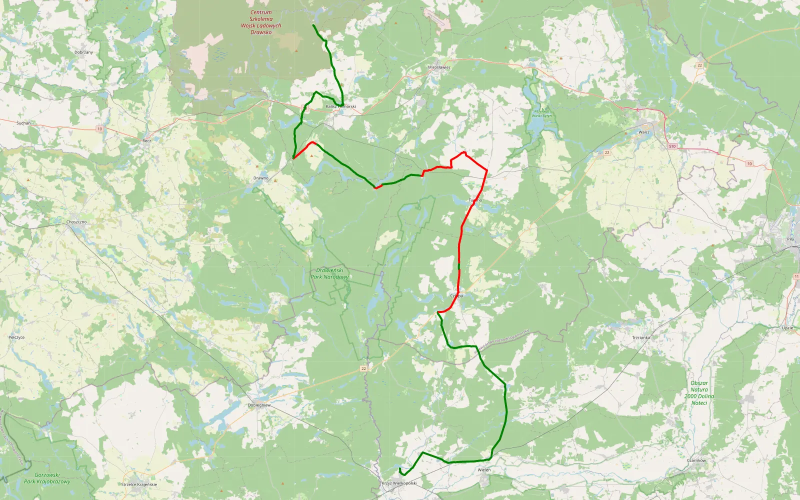 Mapa trasy Łokacz Mały - Kalisz Pomorski - 64.4 km trasy offroad, Powiat Wałecki
