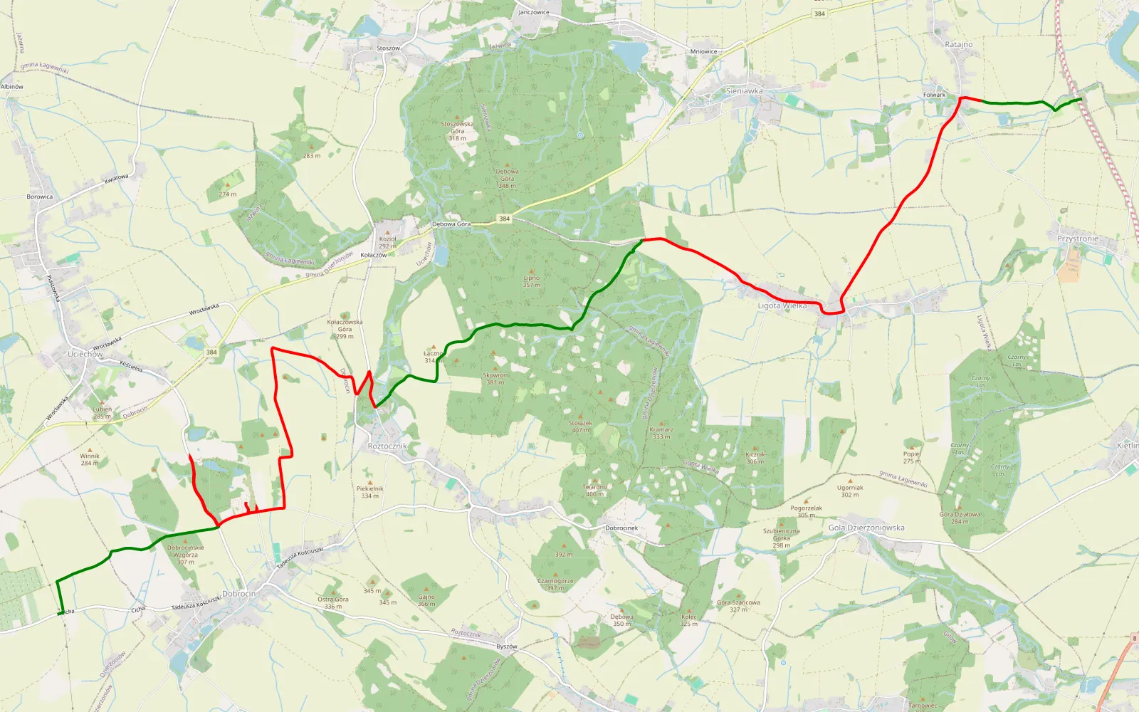 Mapa trasy Dzierżoniów - Ratajno - 17.9 km trasy offroad, Powiat Dzierżoniowski