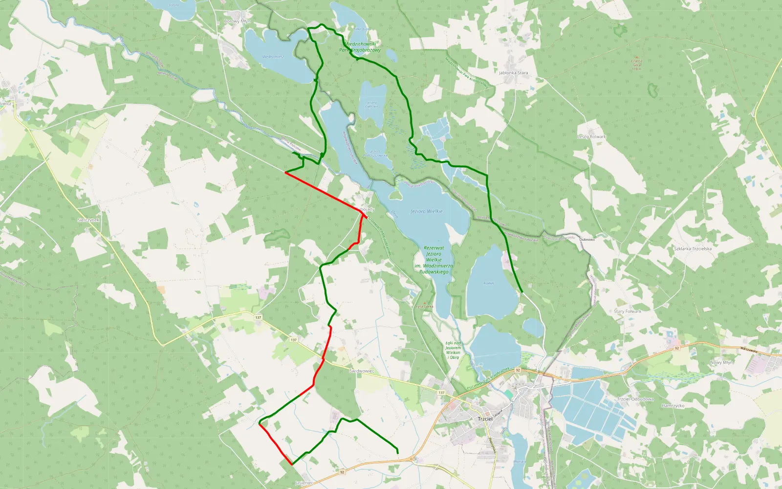 Mapa trasy Stary Folwark - Trzciel - 18.9 km trasy offroad, Powiat Międzyrzecki