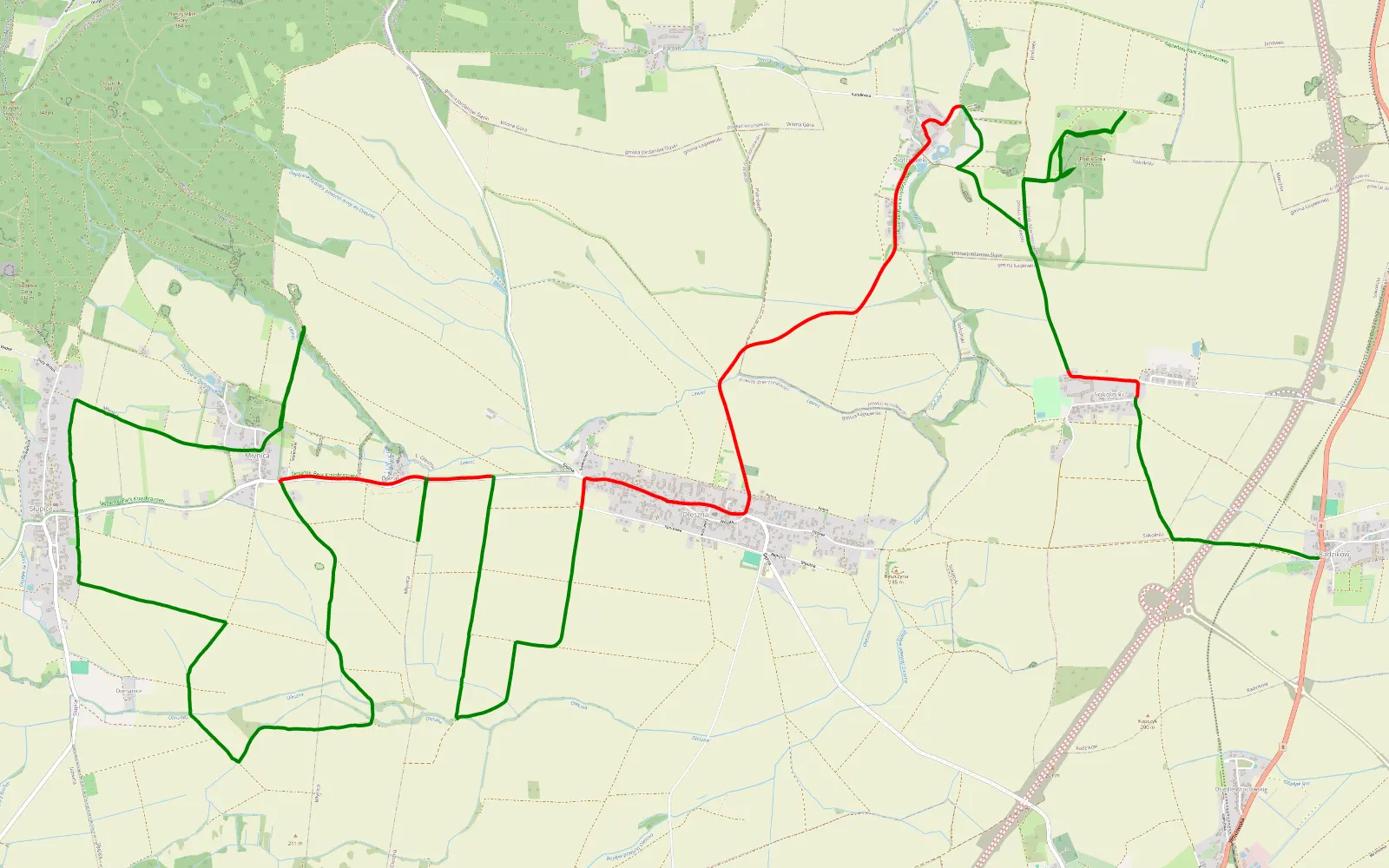 Map of Radzików- Oleszna- Młynica SantaFe - 23.8 km offroad trail, Dzierżoniów County