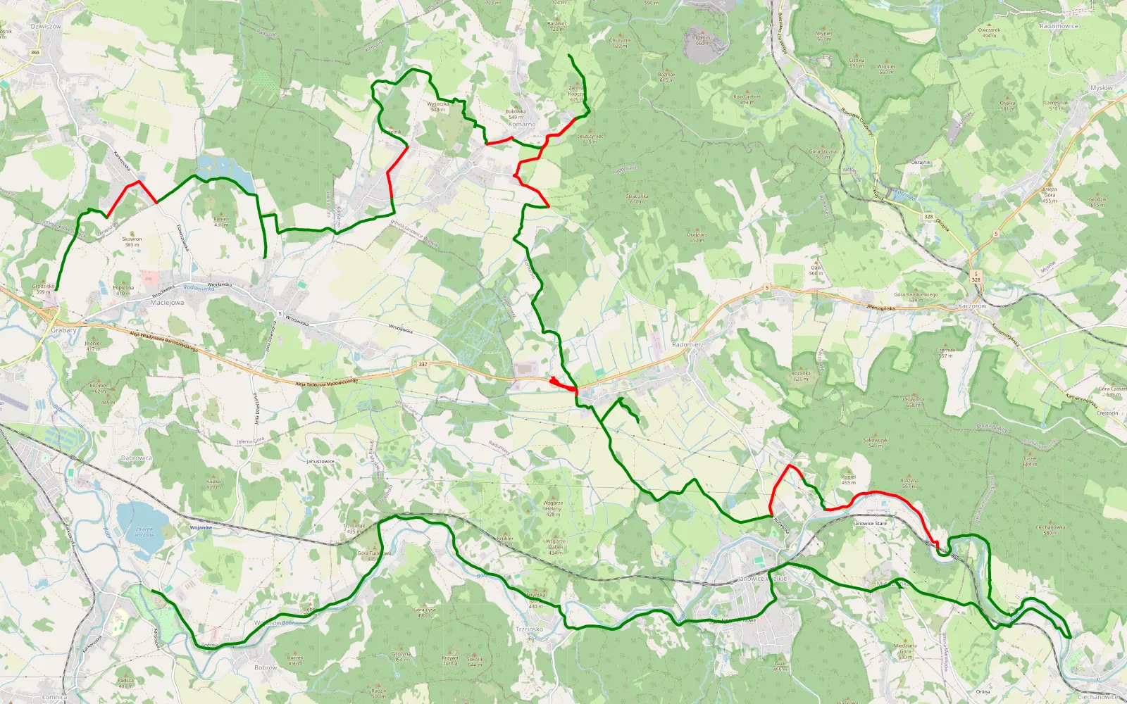 Mapa trasy Dąbrowa Bolesławiecka - Wojanów - 31 km trasy offroad, Powiat Karkonoski