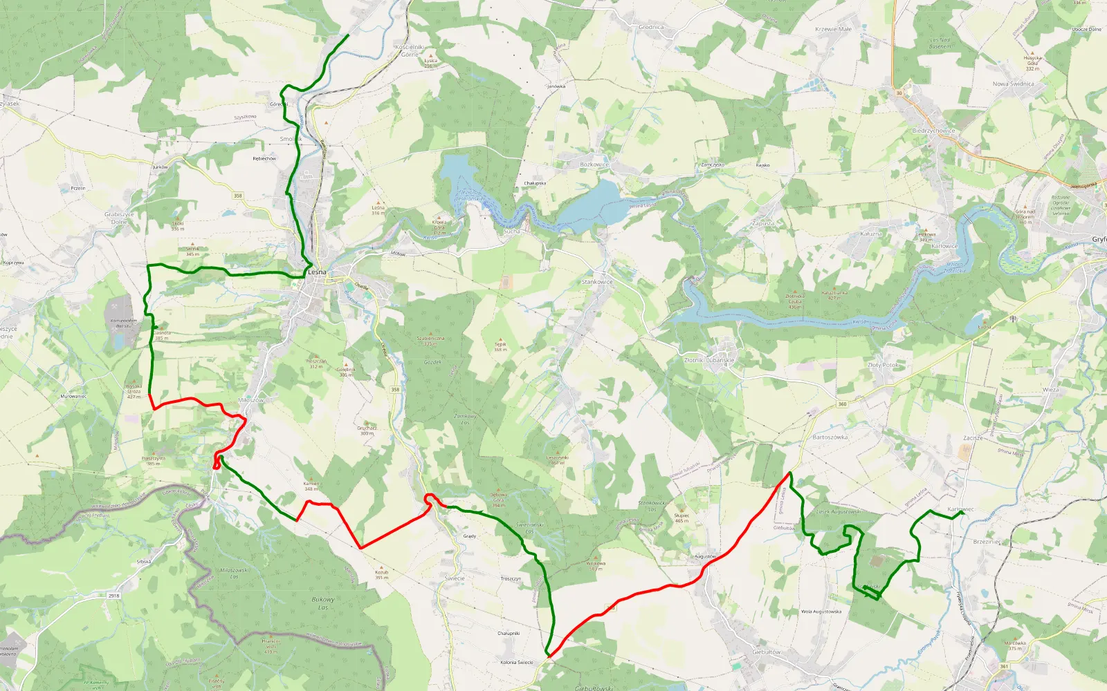 Mapa trasy Karłowiec - Świecie - Szyszkowa Górna - 24 km trasy offroad, Powiat Lubański