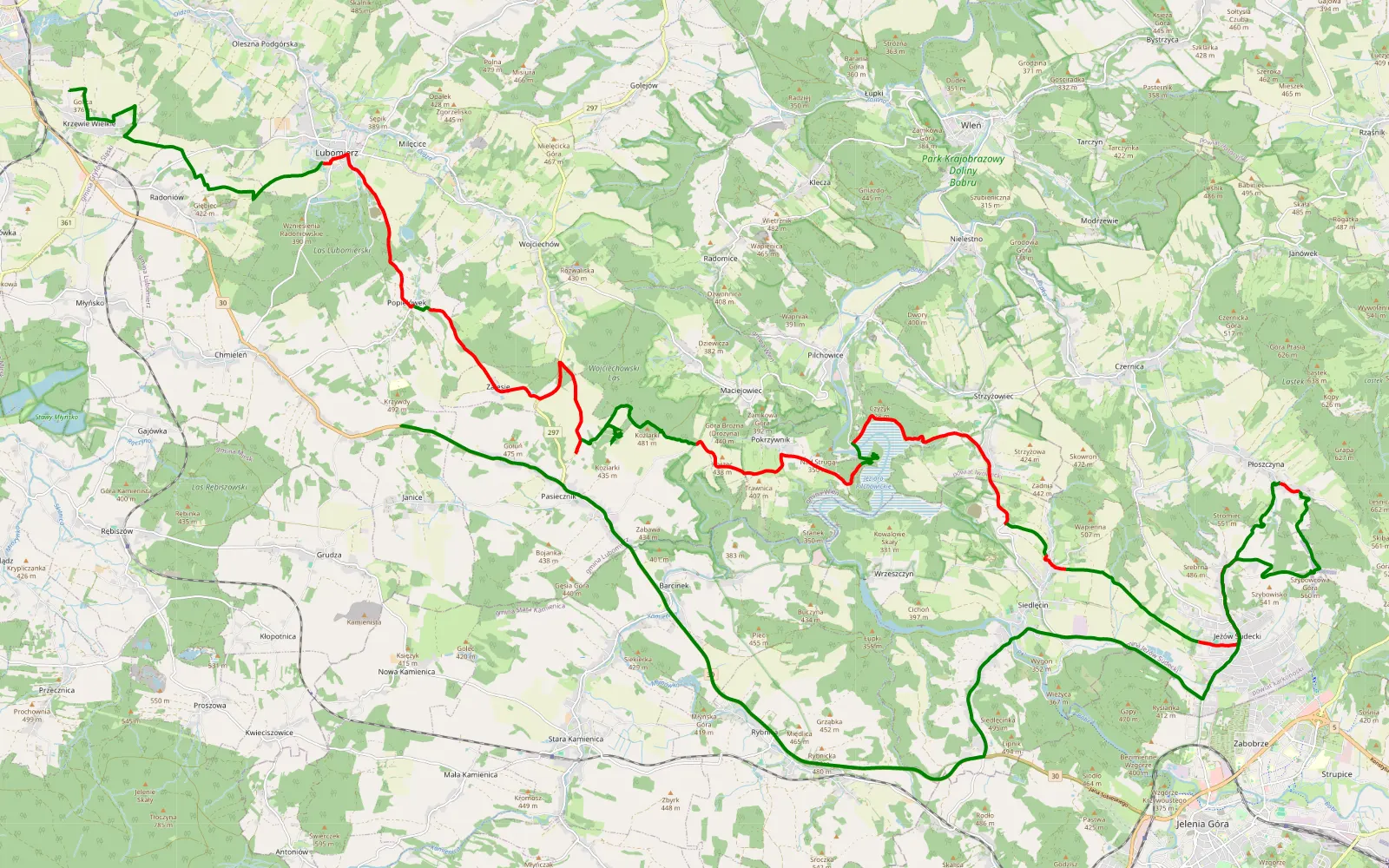 Mapa trasy Krzewie Wielkie - Pokrzywnik - Szybowcowa - 40.9 km trasy offroad, Powiat Lwówecki