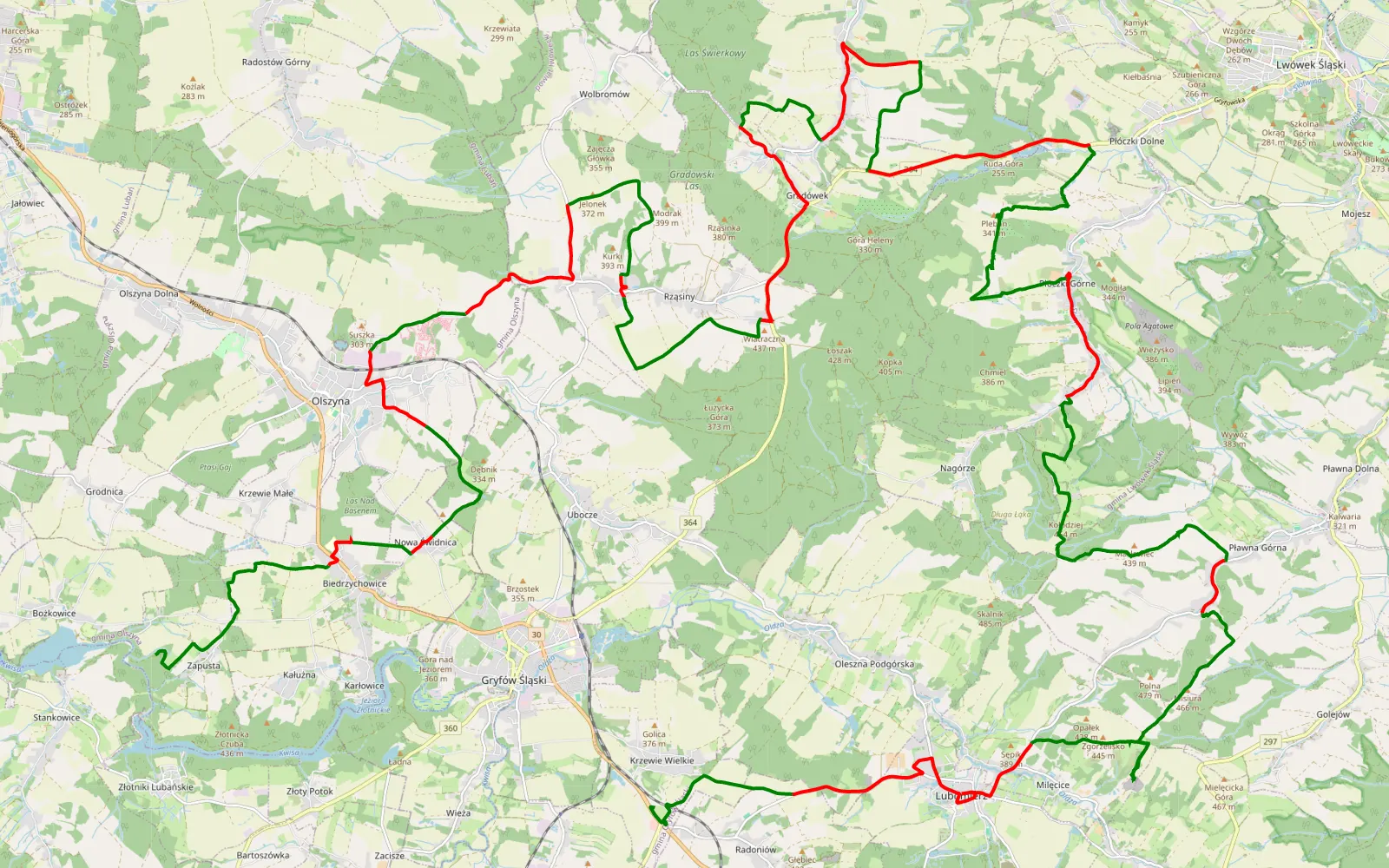 Mapa trasy Ośrodek leśny Rajsko - knajpa Zornica - 65.3 km trasy offroad, Powiat Lwówecki