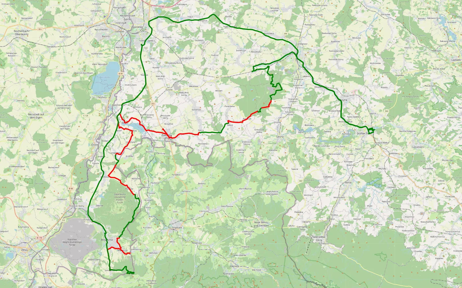 Mapa trasy Gryfów Śląski - Bogatynia - Gryfów - 77.2 km trasy offroad, Powiat Zgorzelecki