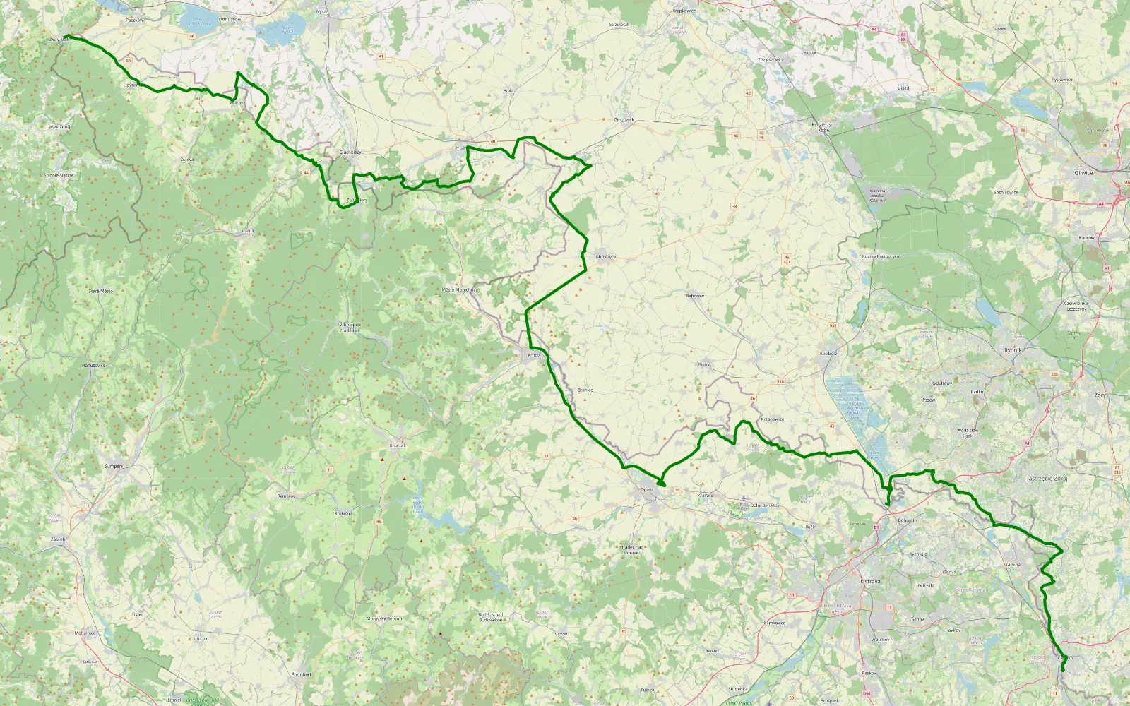 Mapa trasy Dzień 1 - południowa granica Polski - 0.4 km trasy offroad, Powiat Prudnicki