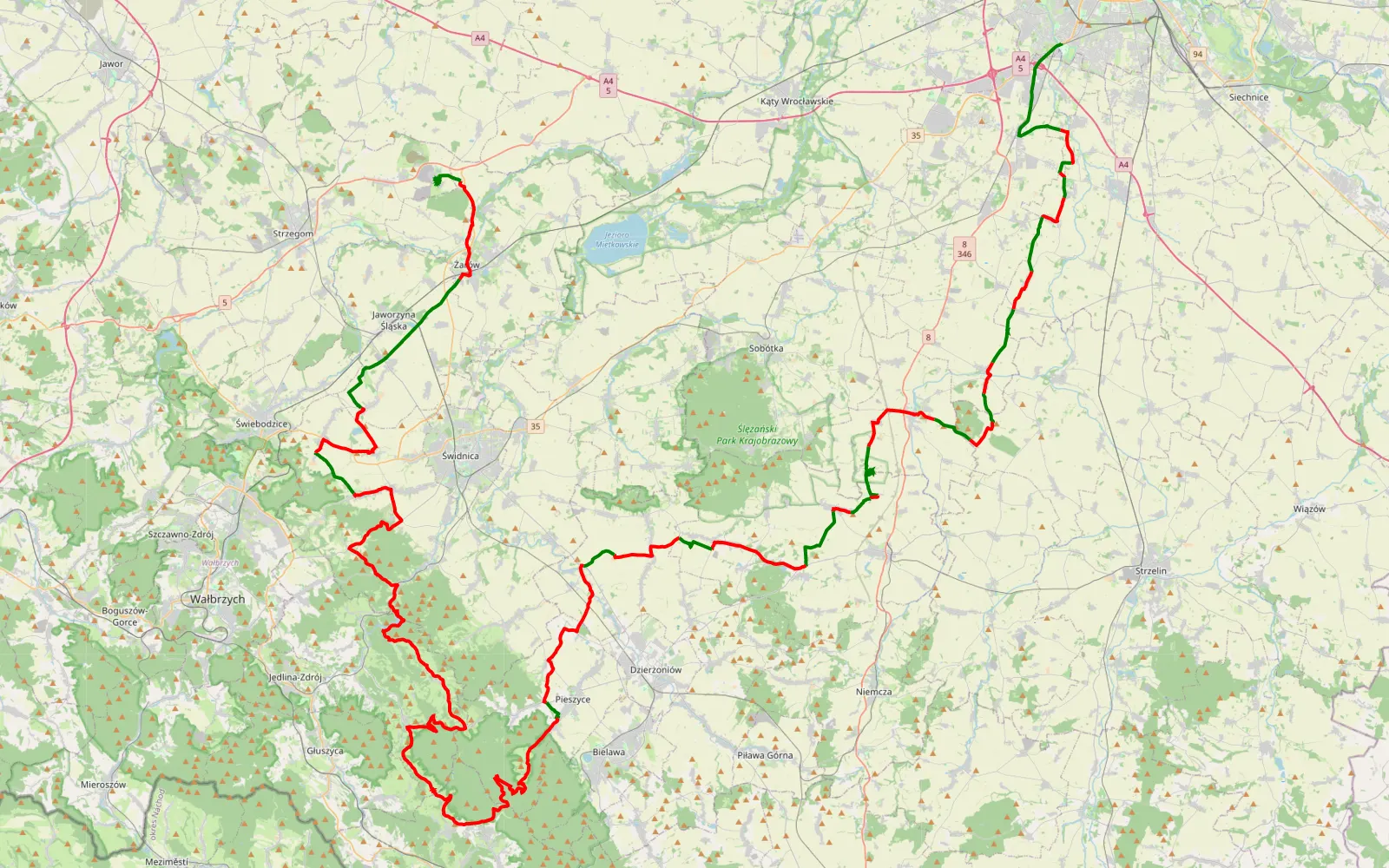 Map of Bielany - Rusko - 160.8 km offroad trail, Świdnica County