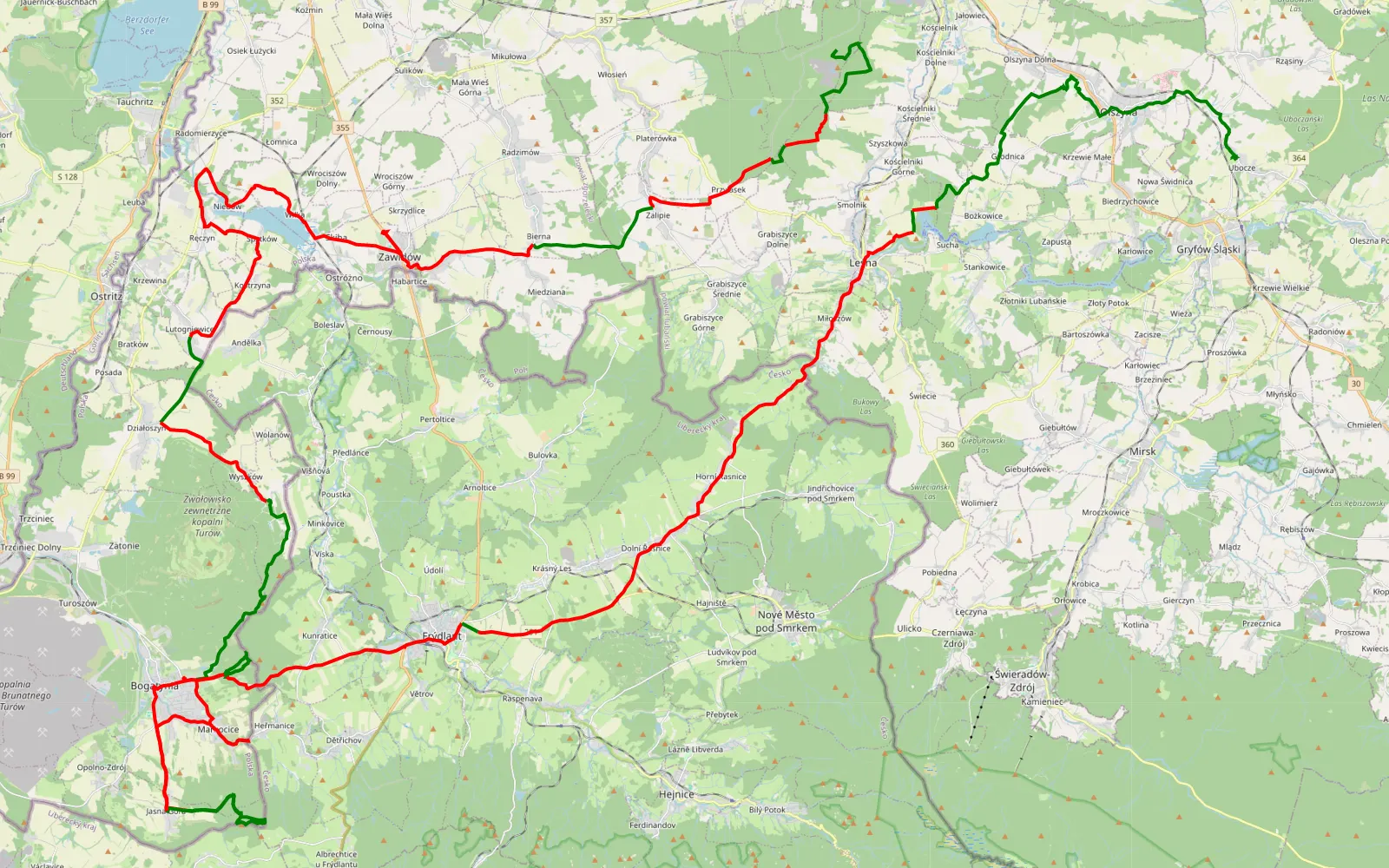 Mapa trasy Kościelnik - Ubocze Bogatynia - 123 km trasy offroad, Powiat Zgorzelecki