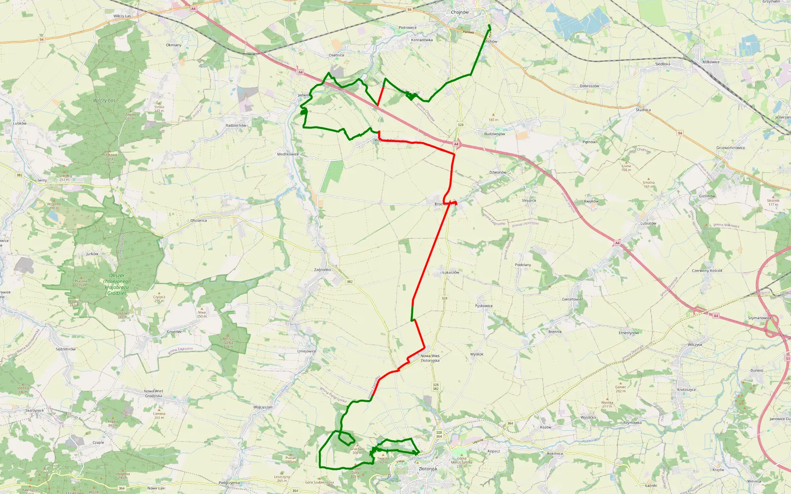 Map of Michów - Brochocin - 43.3 km offroad trail, Złotoryja County