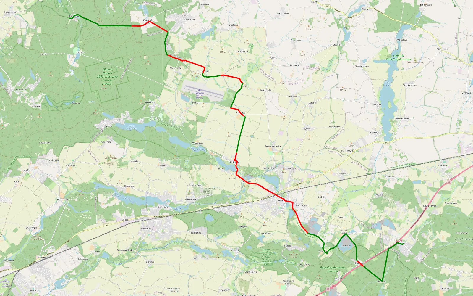 Map of Wiėrzyce - Głęboczek - 34.2 km offroad trail, Poznań County
