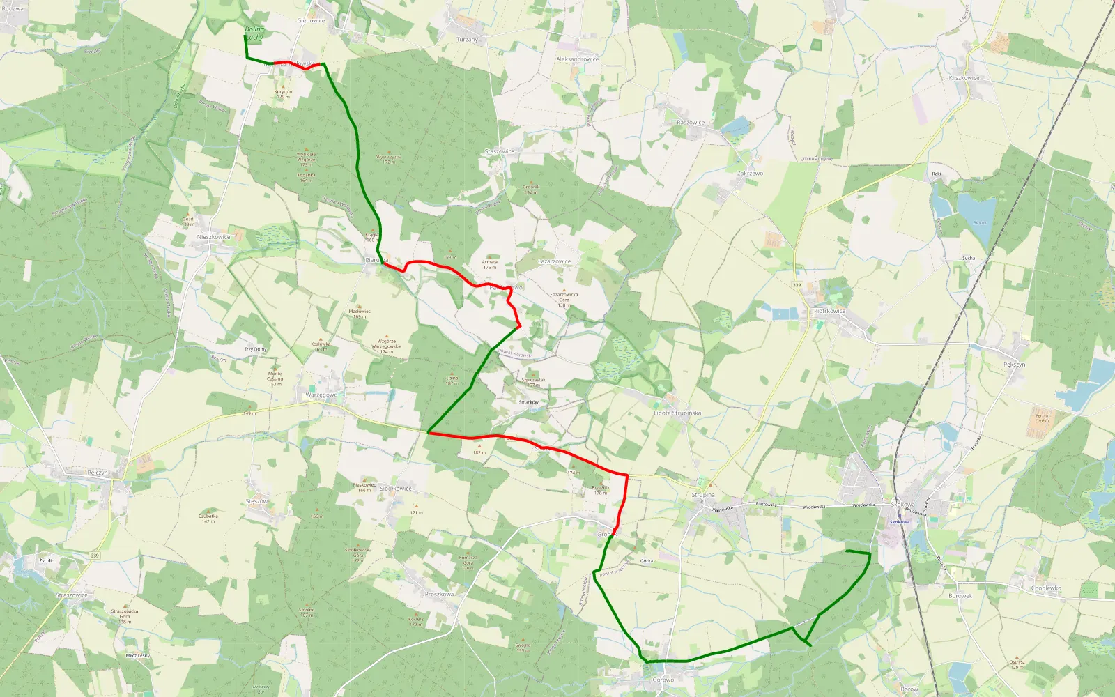 Mapa trasy Trzcinica Wołowska - Skokowa - 15.1 km trasy offroad, Powiat Wołowski