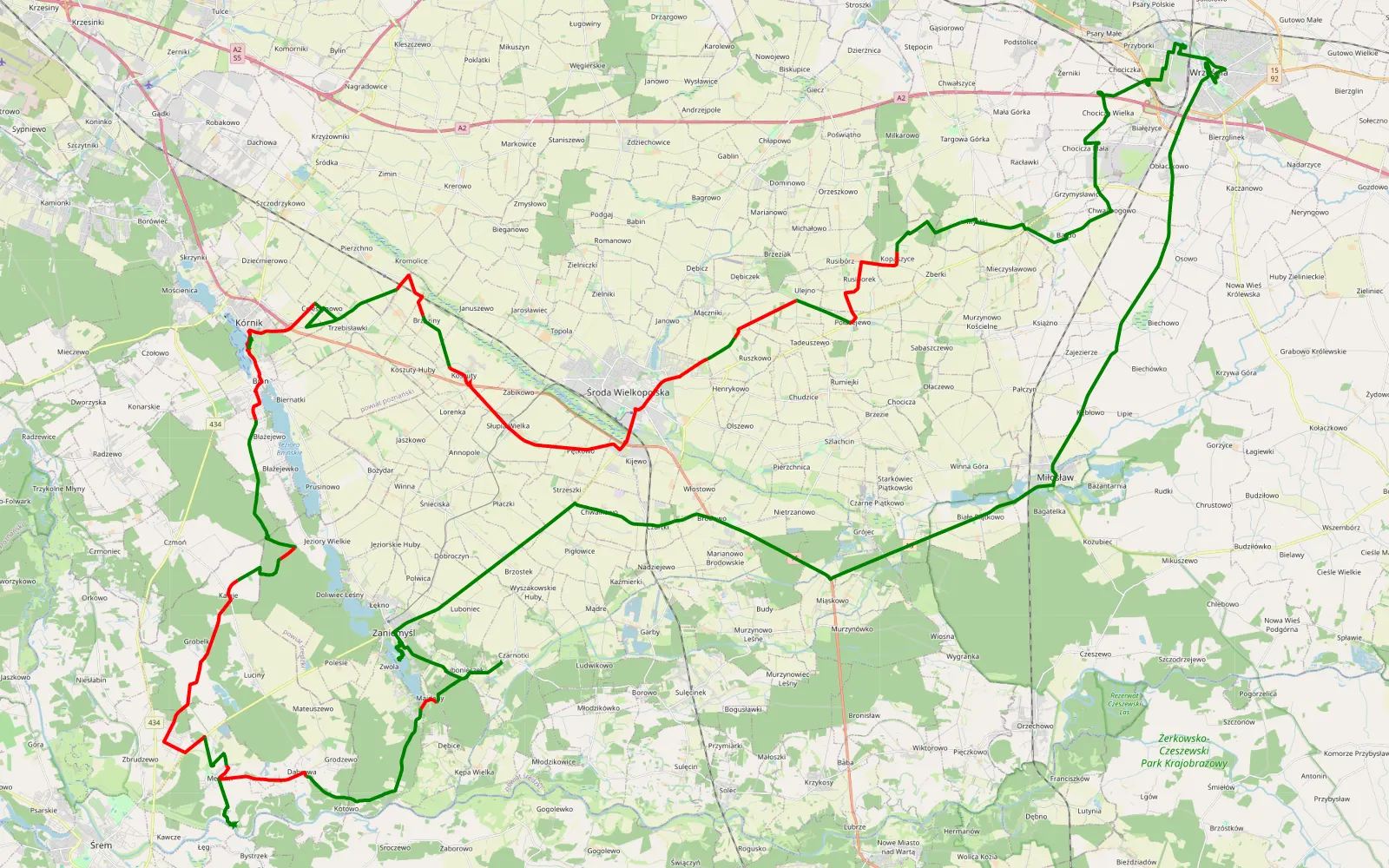Map of Przyborki Kornik Zaniemysl - 76.8 km offroad trail, Środa Wielkopolska County