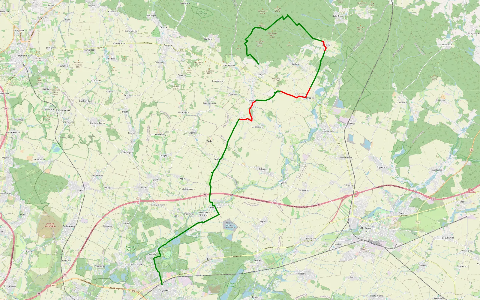 Mapa trasy Długołęka - Szczodre - 22.7 km trasy offroad, Powiat Oleśnicki