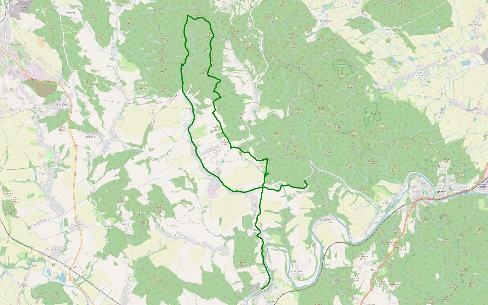 Map of Ławica - Morzyszów - 10.9 km offroad trail, Kłodzko County