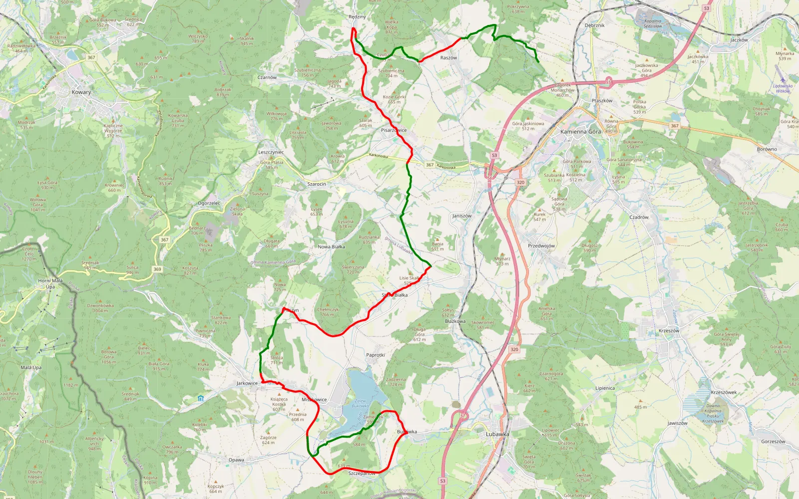 Mapa trasy Debrznik - Miszkowice - 33.1 km trasy offroad, Powiat Kamiennogórski