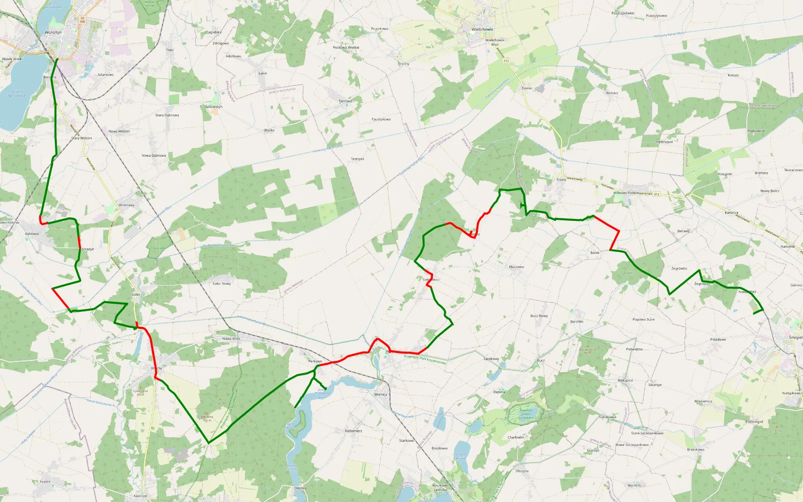 Mapa trasy Nowa Wieś - Wolsztyn - 56.7 km trasy offroad, Powiat Wolsztyński