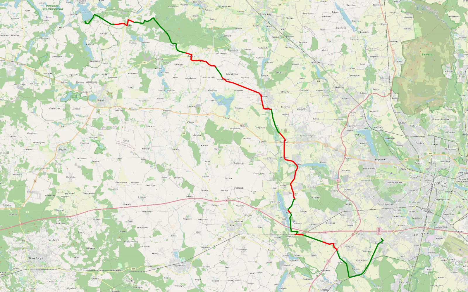 Map of Komorniki - Łężeczki - 63.7 km offroad trail, Szamotuły County
