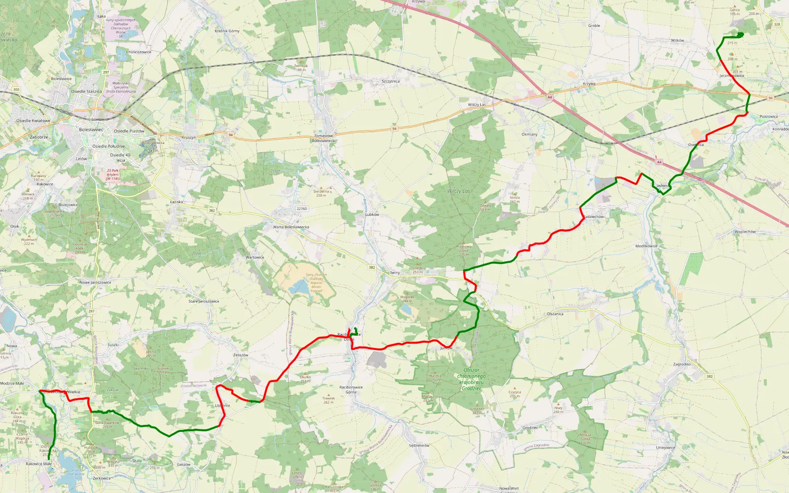 Map of Rakowice Małe - Jerzmanowice - 44.6 km offroad trail, Złotoryja County