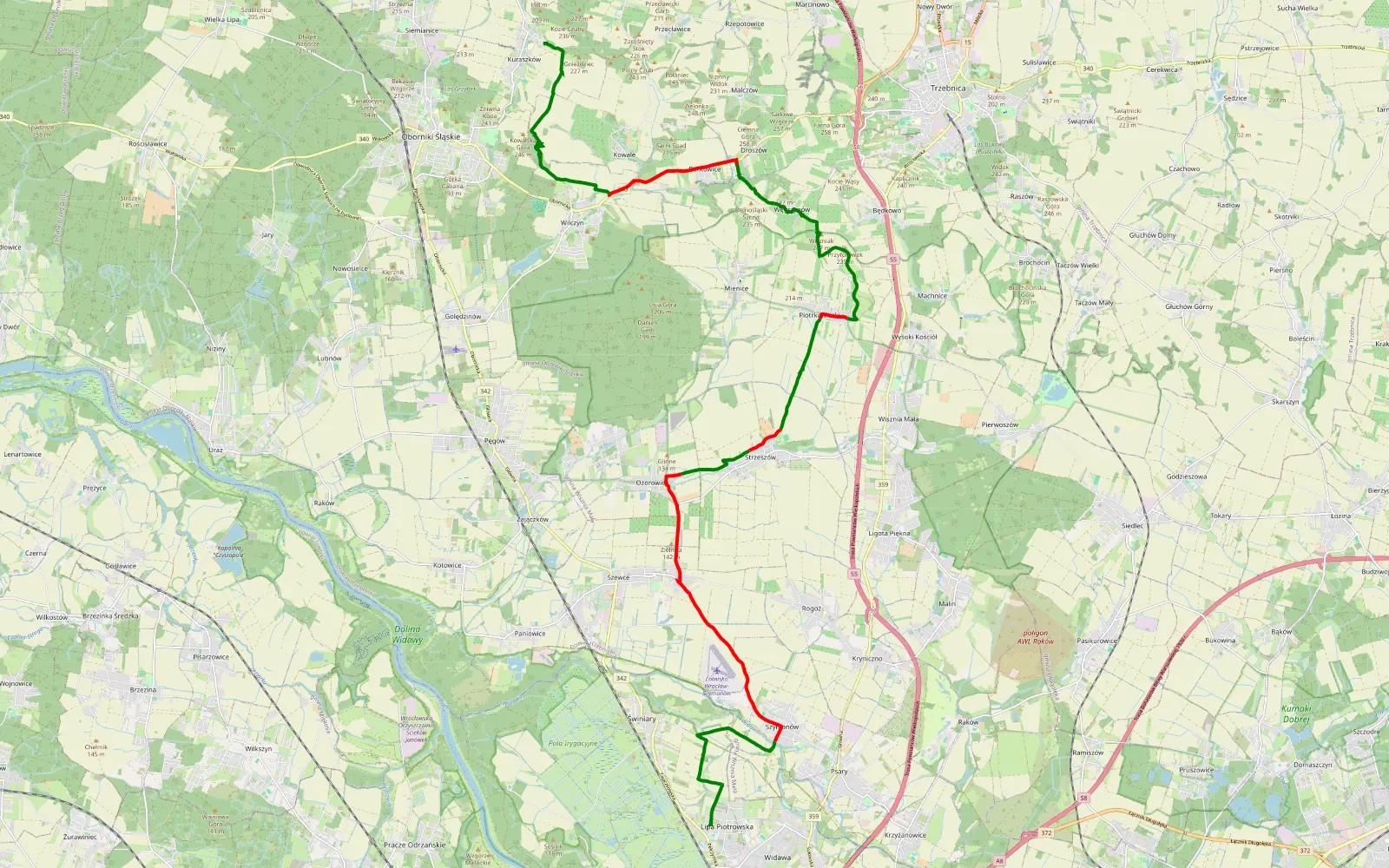 Mapa trasy Lipa Piotrowska - Kuraszków - 29.3 km trasy offroad, Powiat Trzebnicki