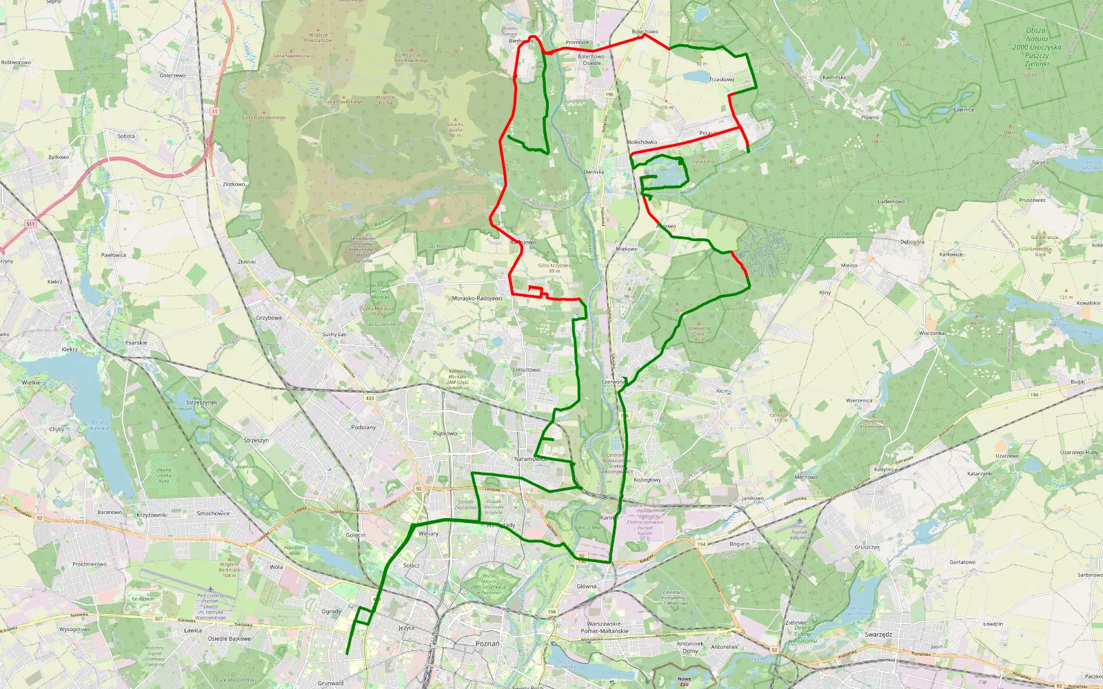 Mapa trasy Ogrody - Stary Grunwald - 47.8 km trasy offroad, Powiat Poznański