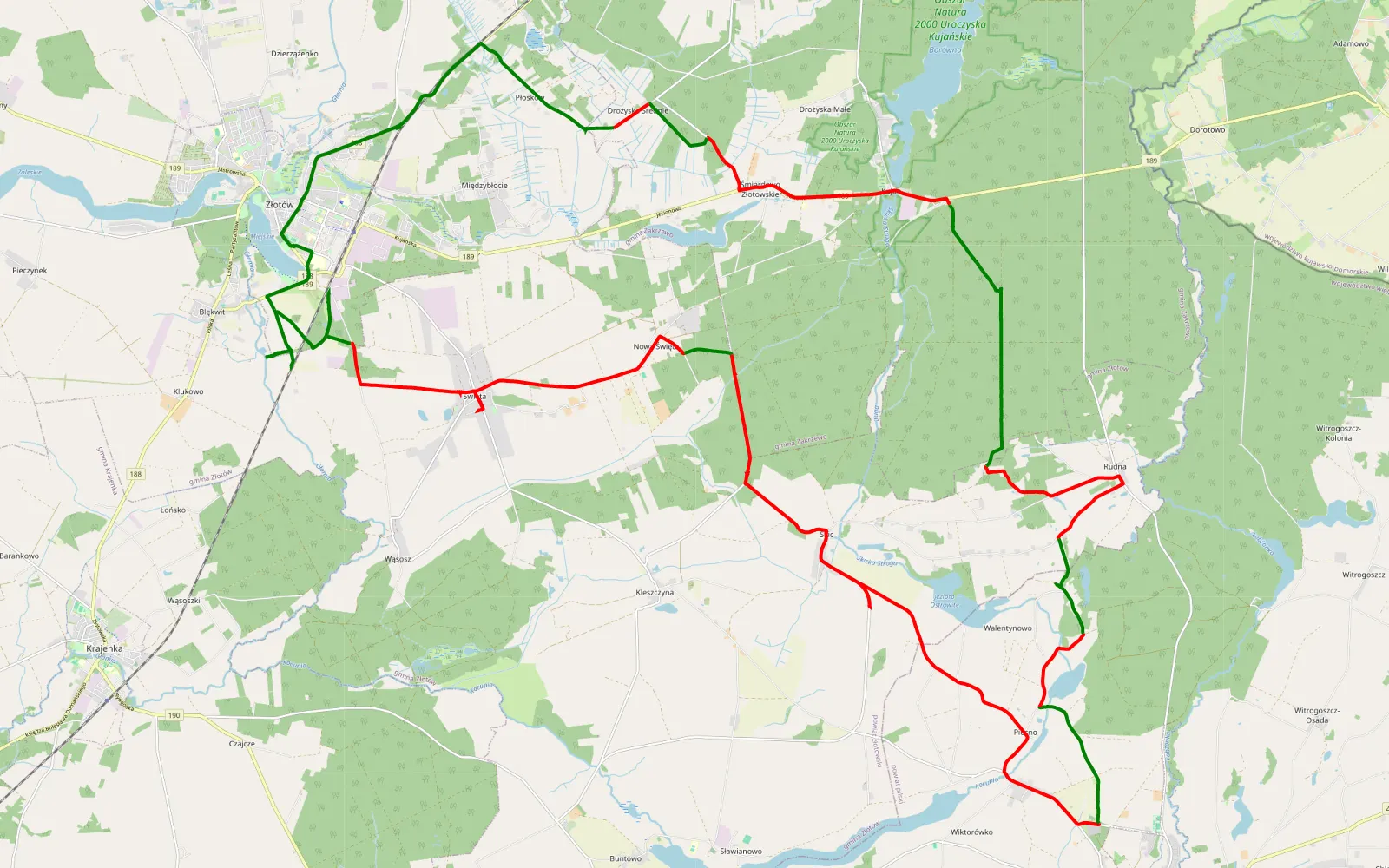 Map of Złotów - 51.6 km offroad trail, Złotów County
