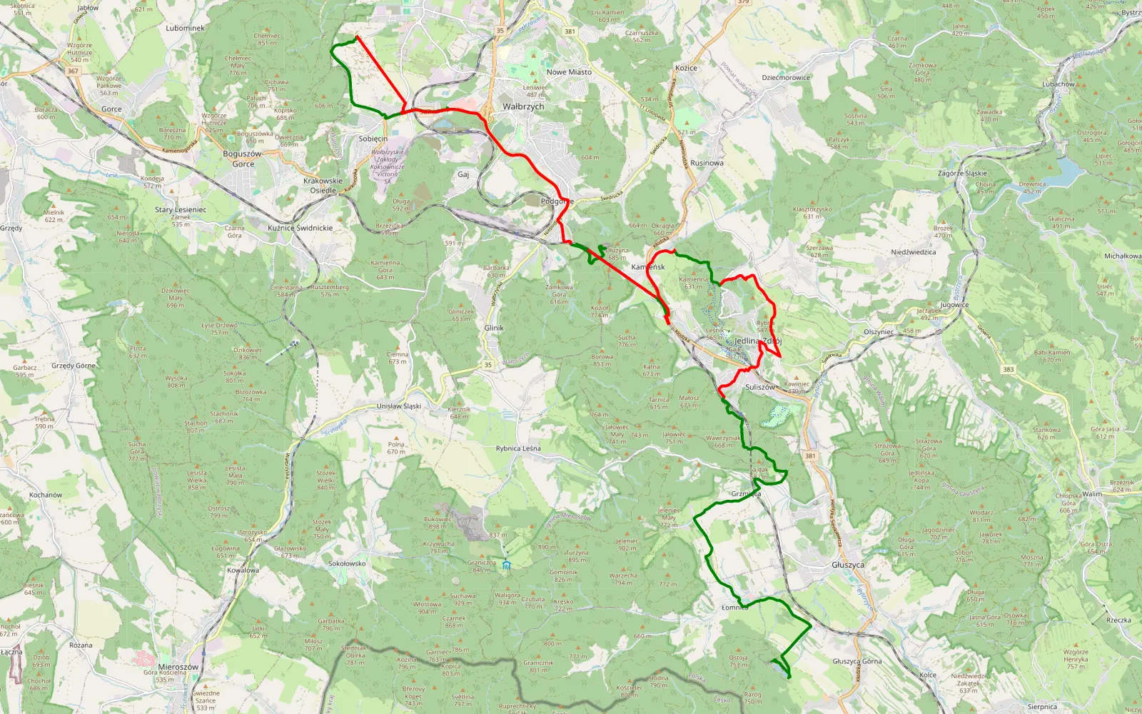 Mapa trasy Łomnica - 25.4 km trasy offroad, Wałbrzych