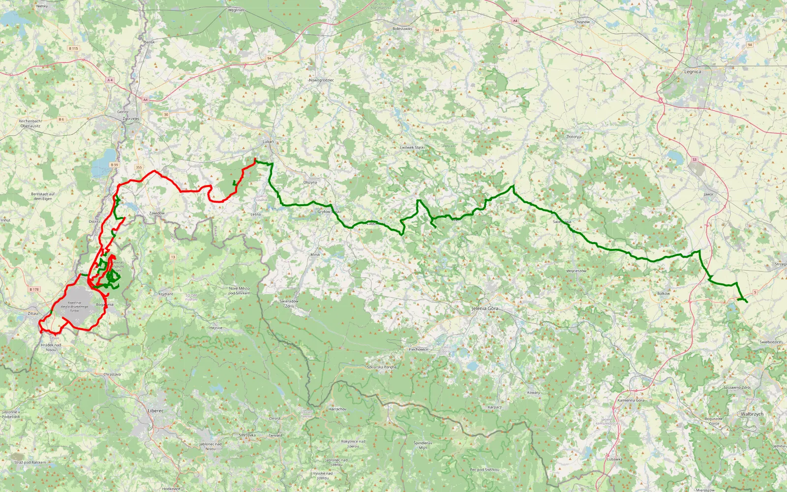 Mapa trasy J. Niedów- Bogatynia- Hałda Turów II - 163 km trasy offroad, Powiat Zgorzelecki