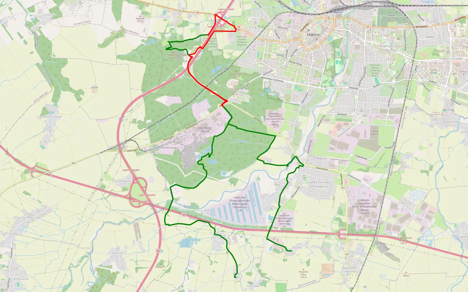 Mapa trasy Babin - Kościelec - 17.1 km trasy offroad, Legnica