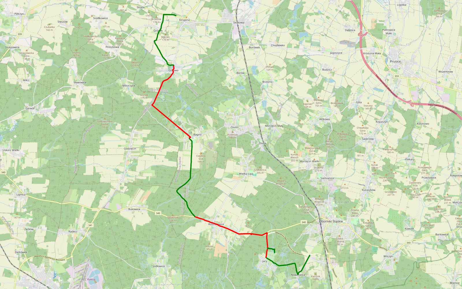 Mapa trasy Strupina - Oborniki śląskie - 19.9 km trasy offroad, Powiat Trzebnicki