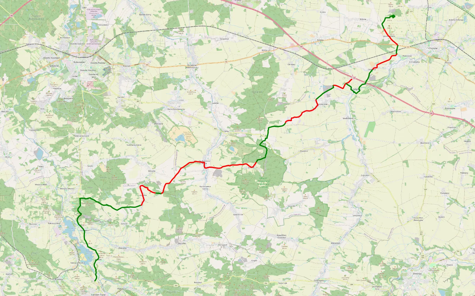 Map of Lwówek Śląski - Jerzmanowice Piaskownia - 40.3 km offroad trail, Złotoryja County
